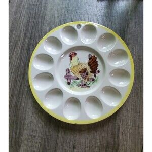 Mid Century Ceramic Rooster Deviled Egg Platter 12 Slot Wall Hanging As-Is
